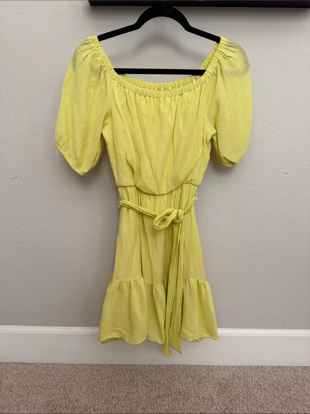All in Favor Lemon Yellow Off-Shoulder Tie-Waist Mini Dress
